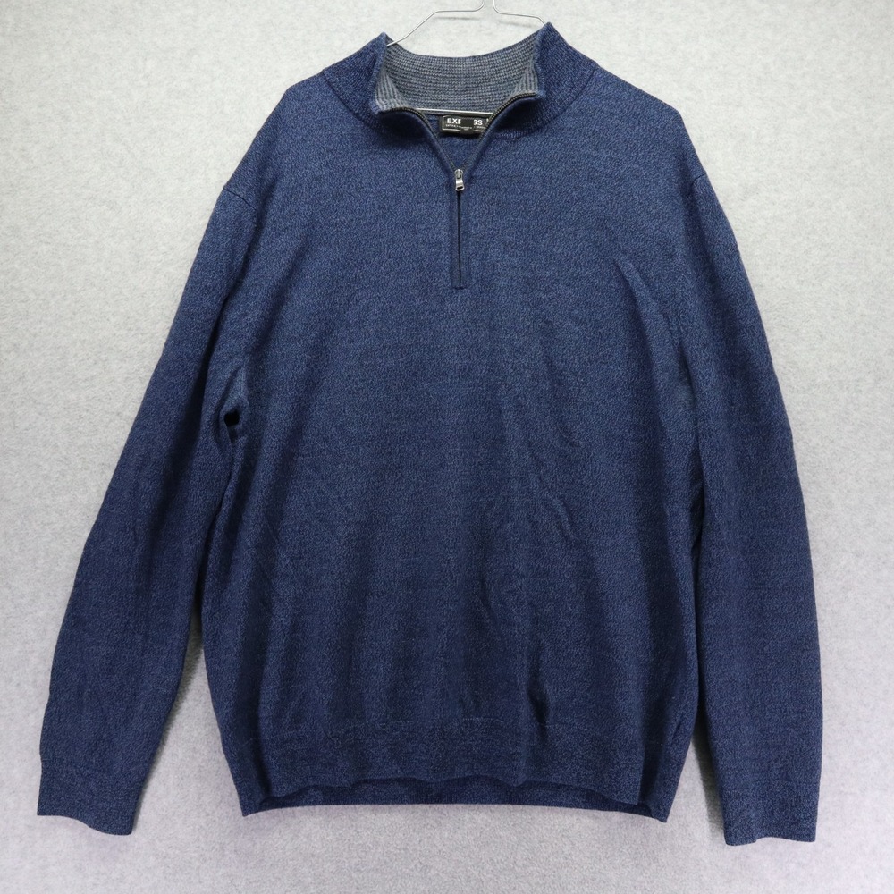 Express Sweater Mens XL Merino Wool 1/4 Zip Pullover‎ Mock Neck Blue Long Sleeve